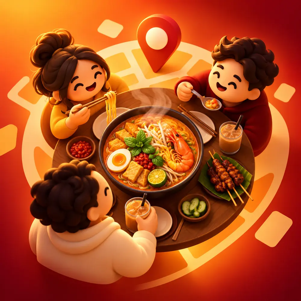 Friends sharing a Malaysian meal around a table with a map location pin